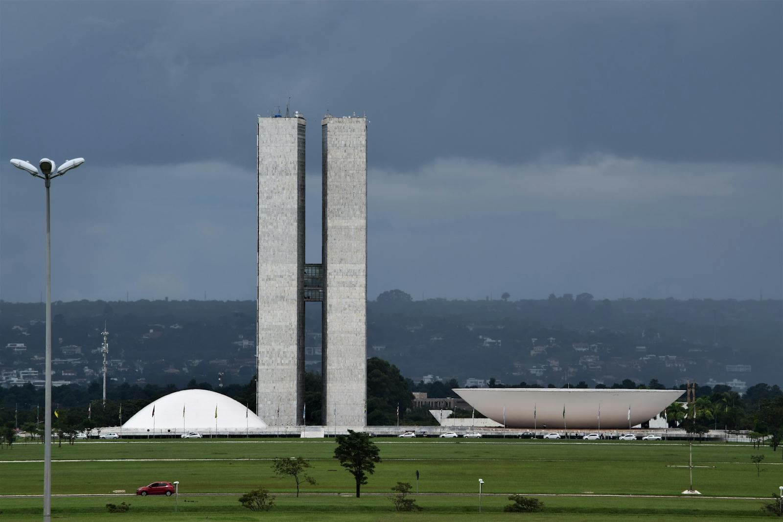 Brazilian National Congress in Brasília — Niemeyer's twin towers and bowls.