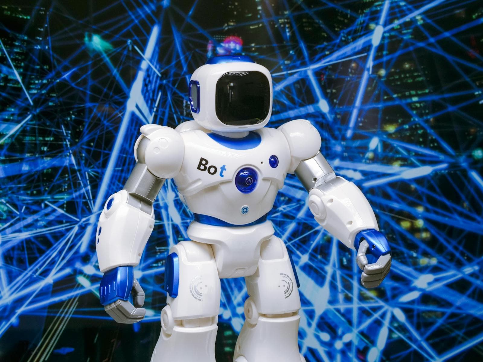 Humanoid robot with glowing blue accents.