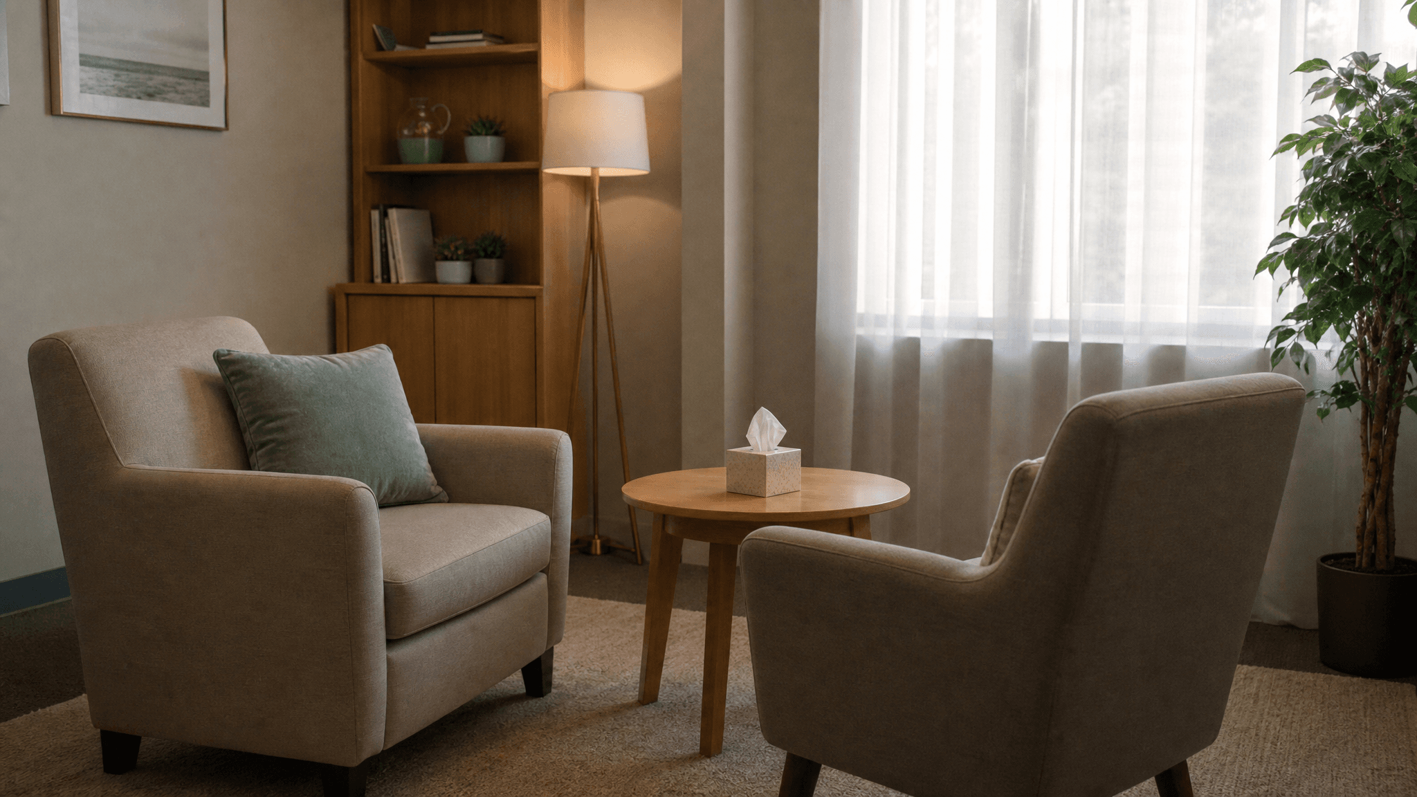 Quiet counselling room with a phone and support documents for victims of violence.