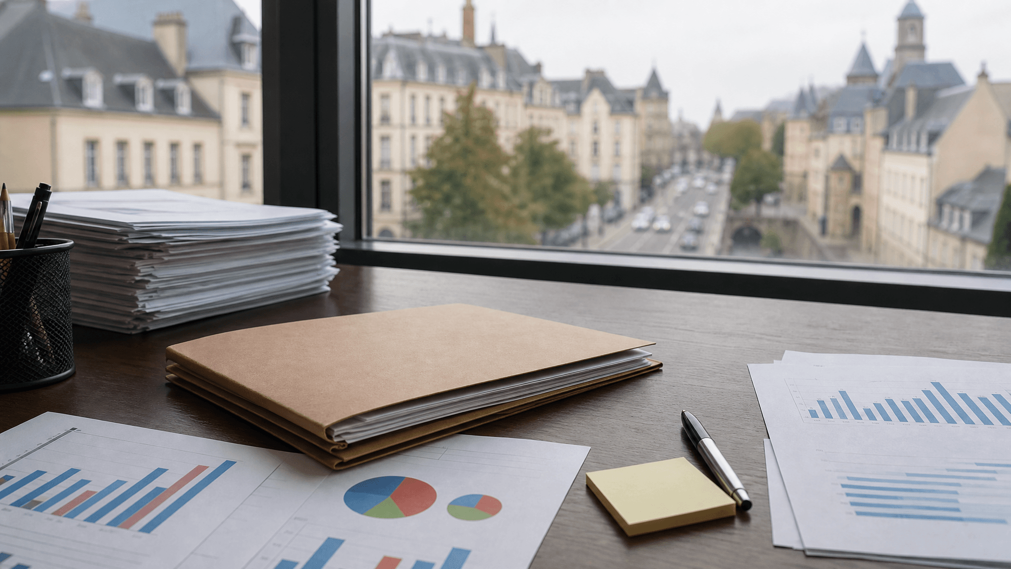 Printed crime statistics charts and a report folder on a desk near a Luxembourg street window.