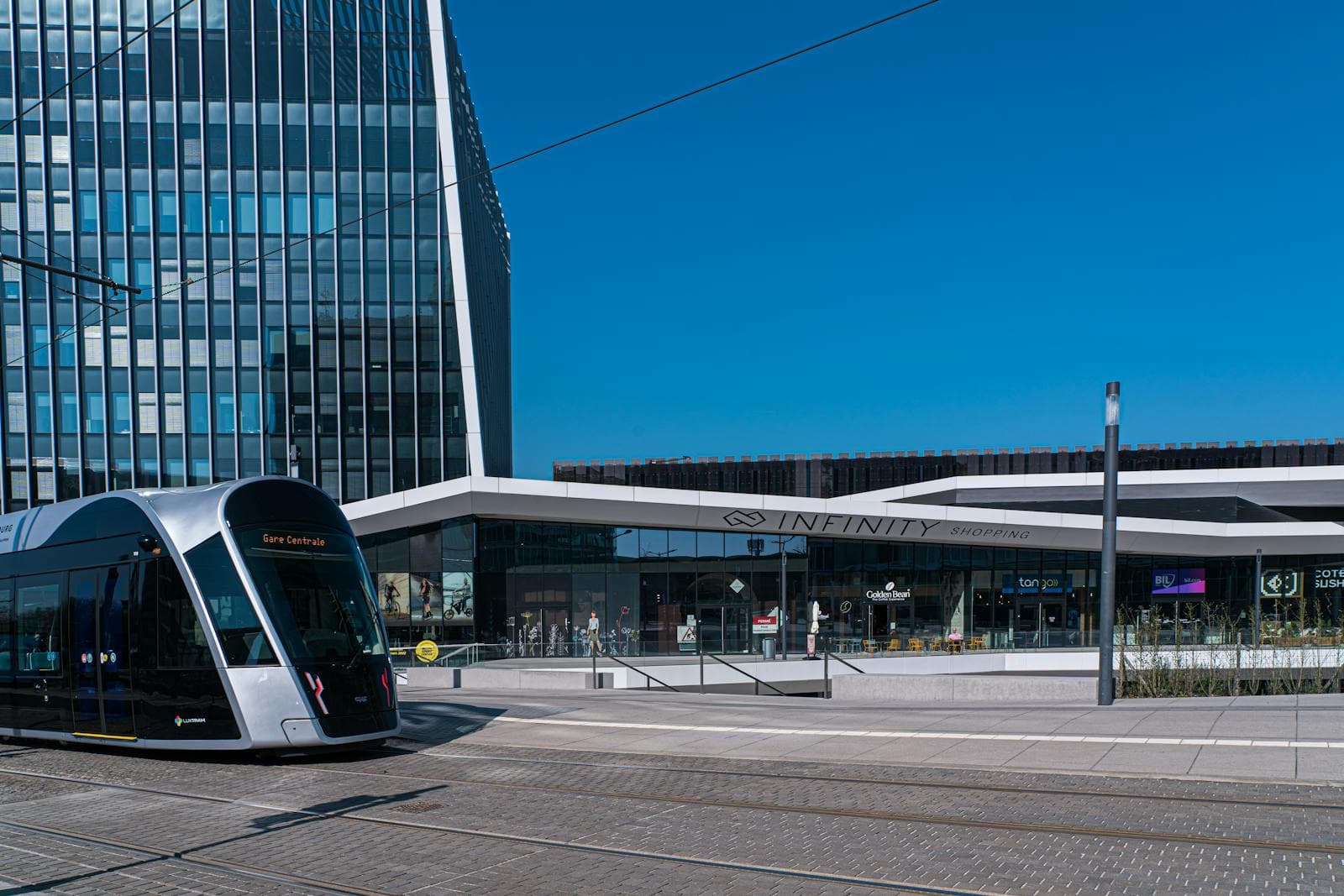 A modern Luxtram in the Kirchberg district of Luxembourg City.