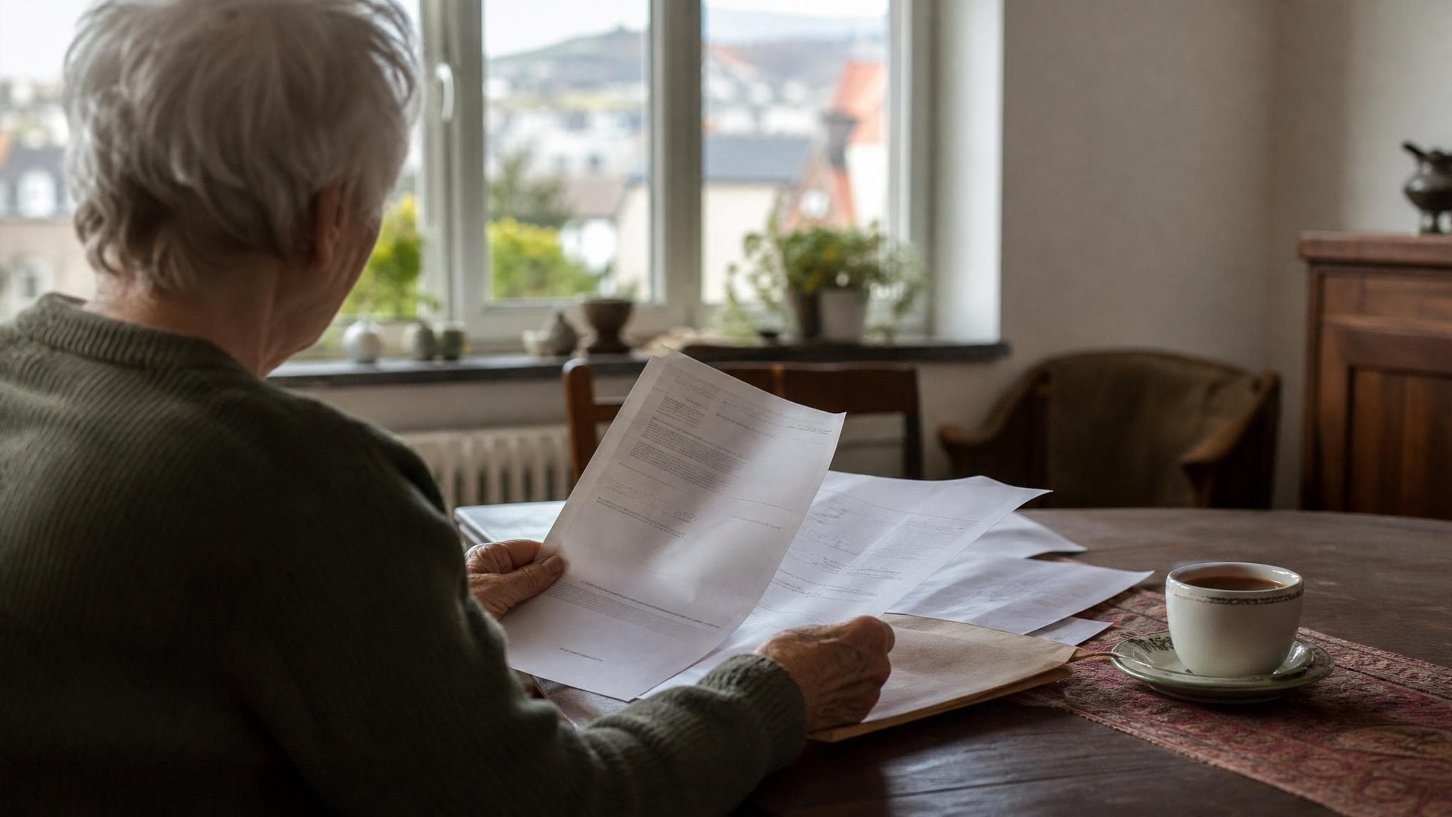 An older person reviews official documents at home.