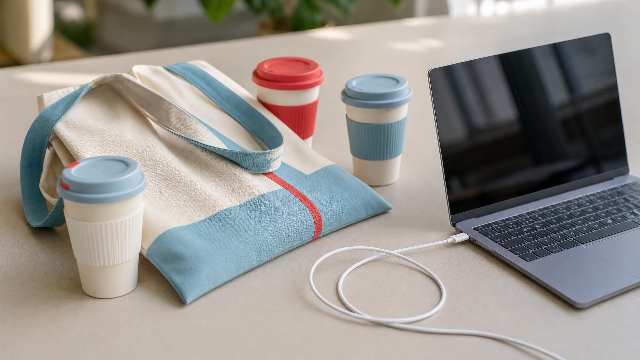 Reusable shopping bag, USB-C cable and event cups on a table.
