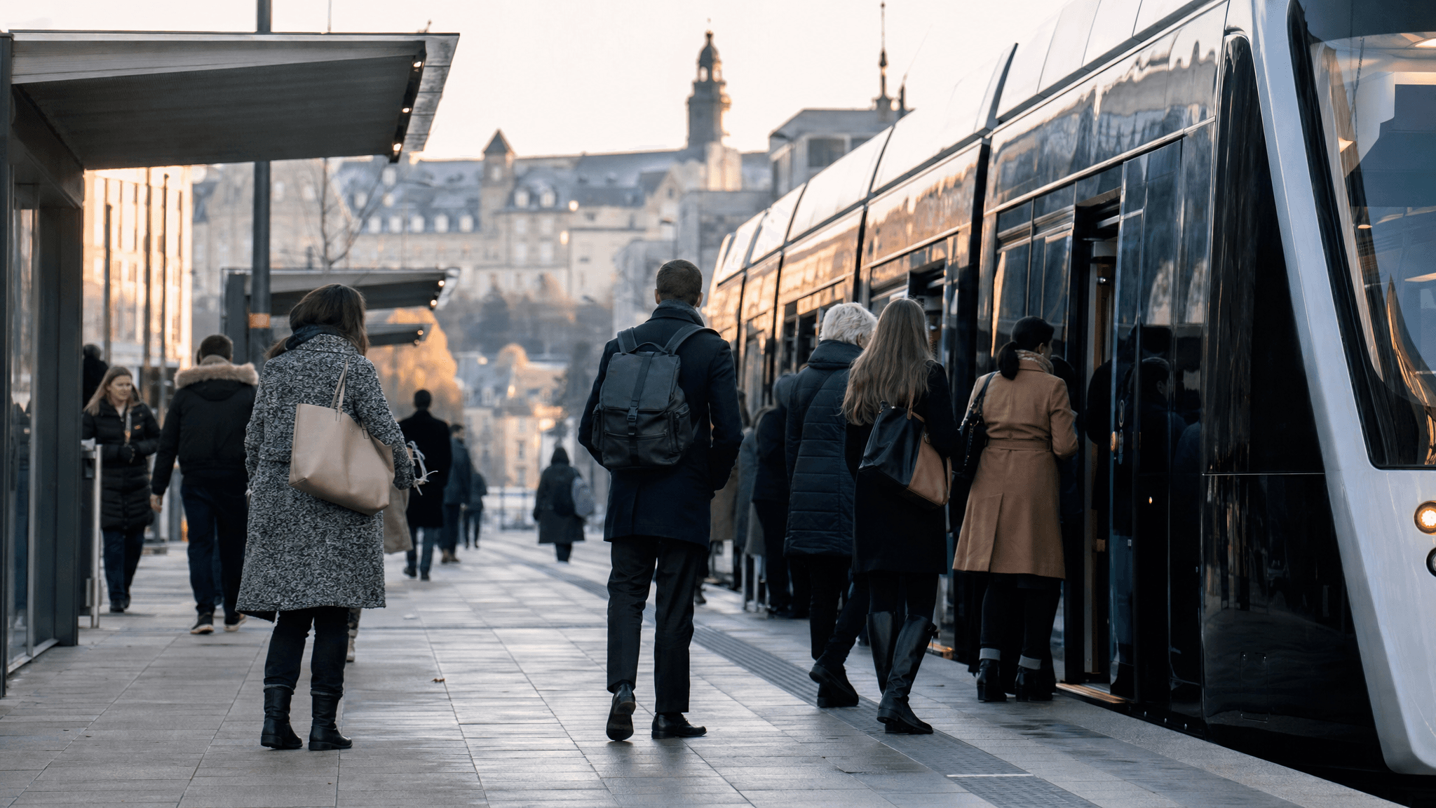 A busy tram platform in Luxembourg City showing urban growth without identifiable faces.