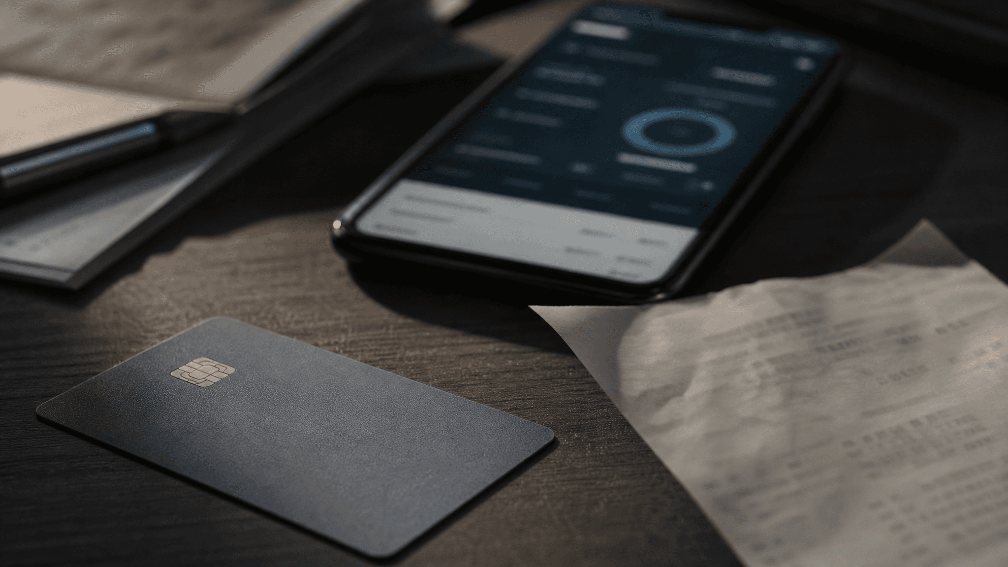 Bank card, phone and blurred banking paperwork illustrating money mule fraud.