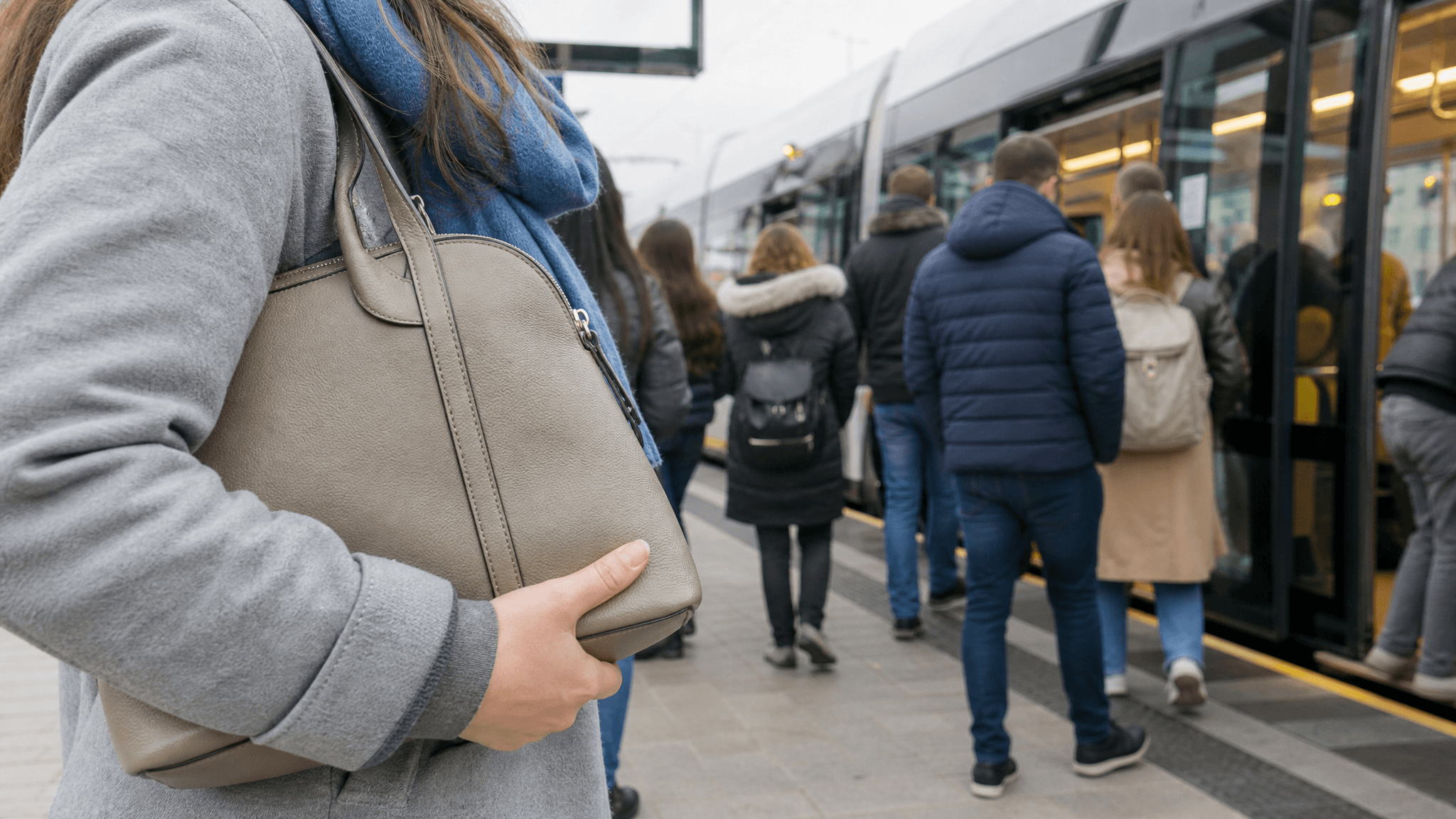 Crowded Luxembourg tram platform with a commuter securing a handbag.
