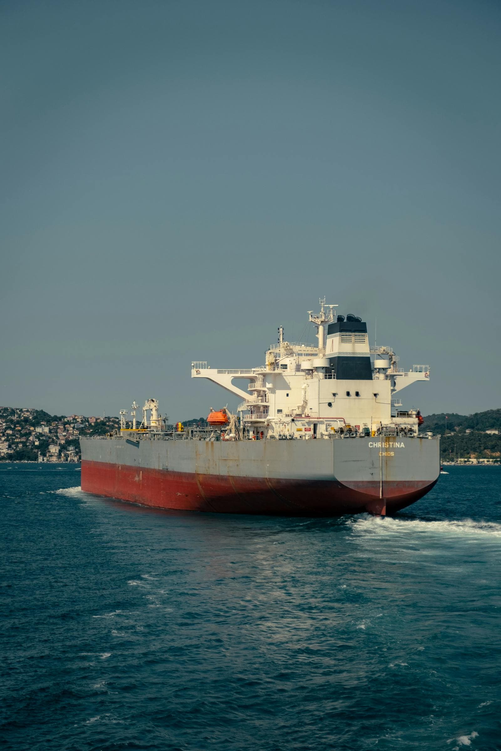 Crude-oil tanker steaming on the open sea.