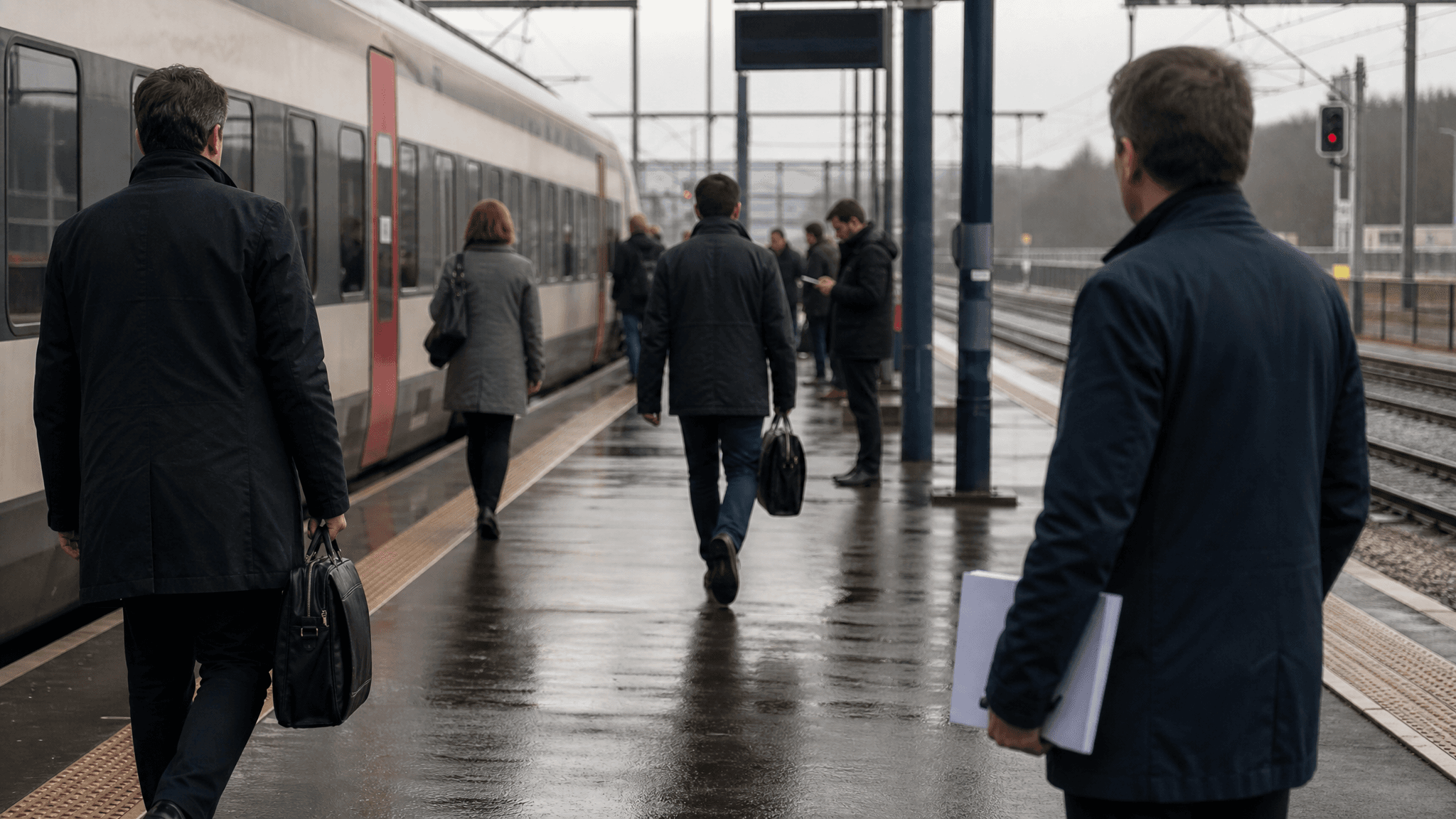 Cross-border commuters waiting at a Luxembourg train platform.