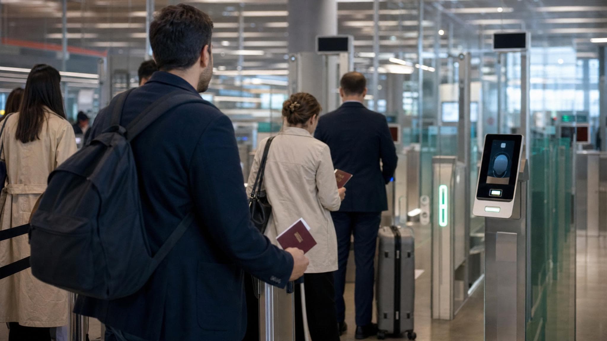 Travellers at automated border gates in an airport.