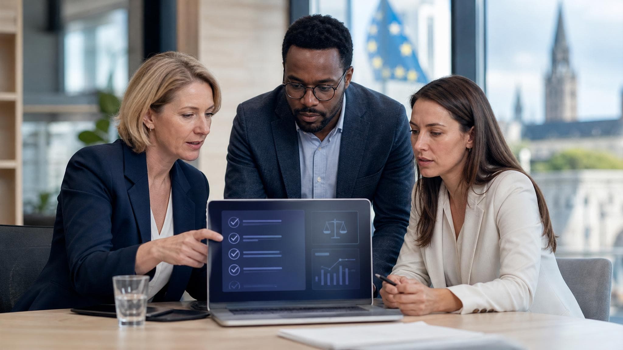 A small Luxembourg office team reviews an AI compliance checklist.