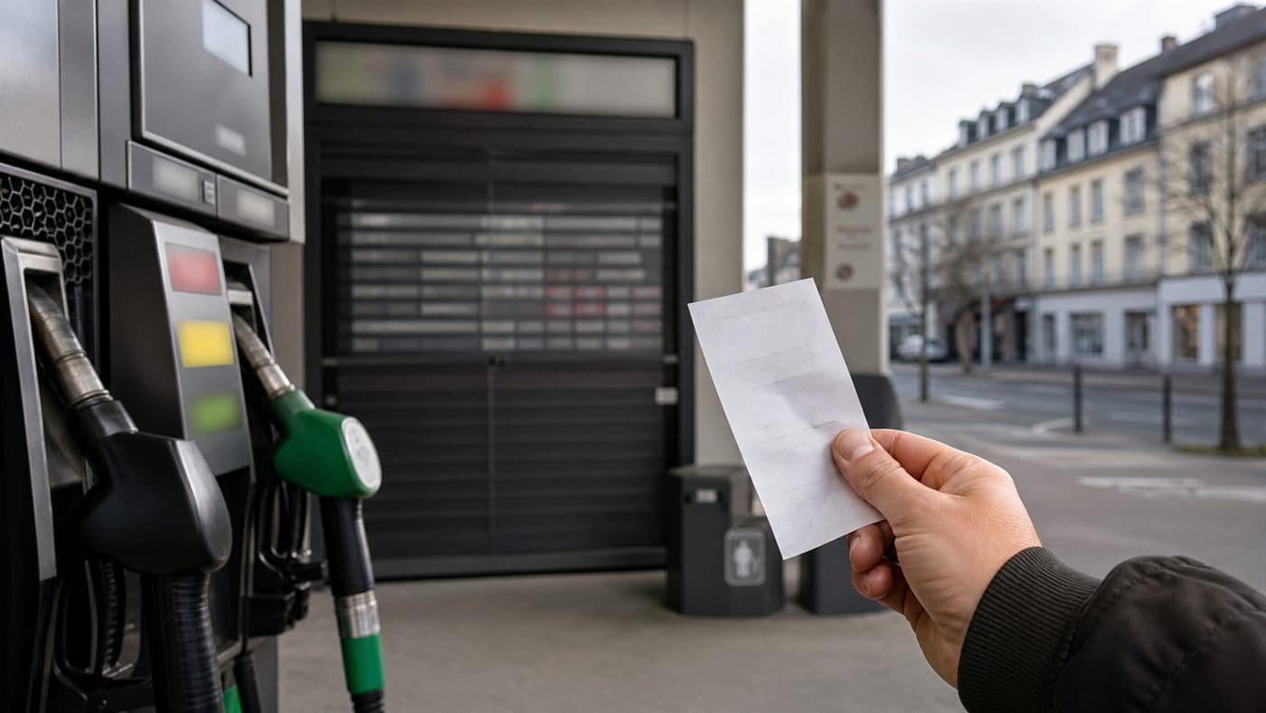 A consumer receipt near a fuel pump in Luxembourg, photographed as a household-cost news image.