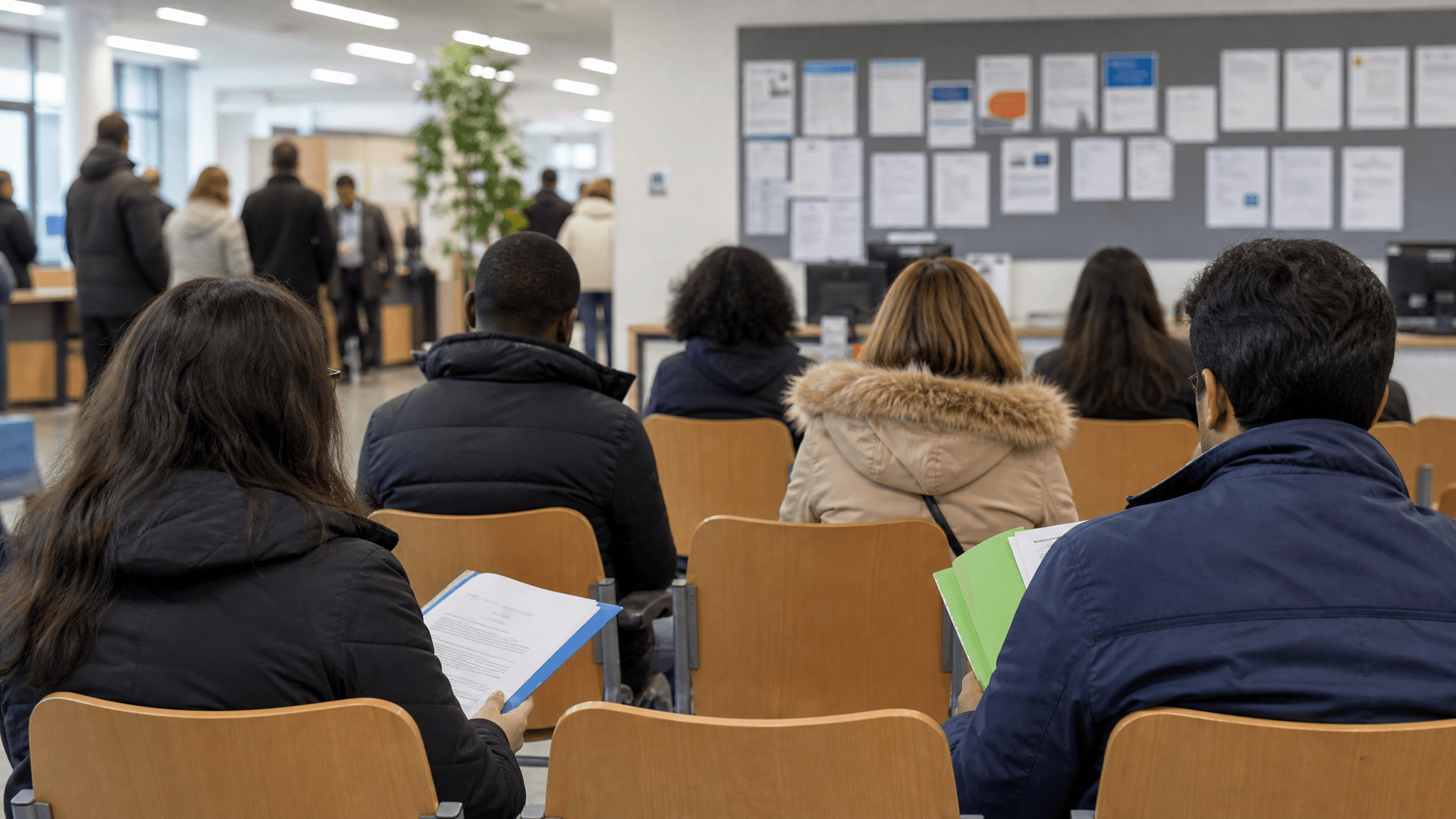 People waiting with documents in an employment office setting.