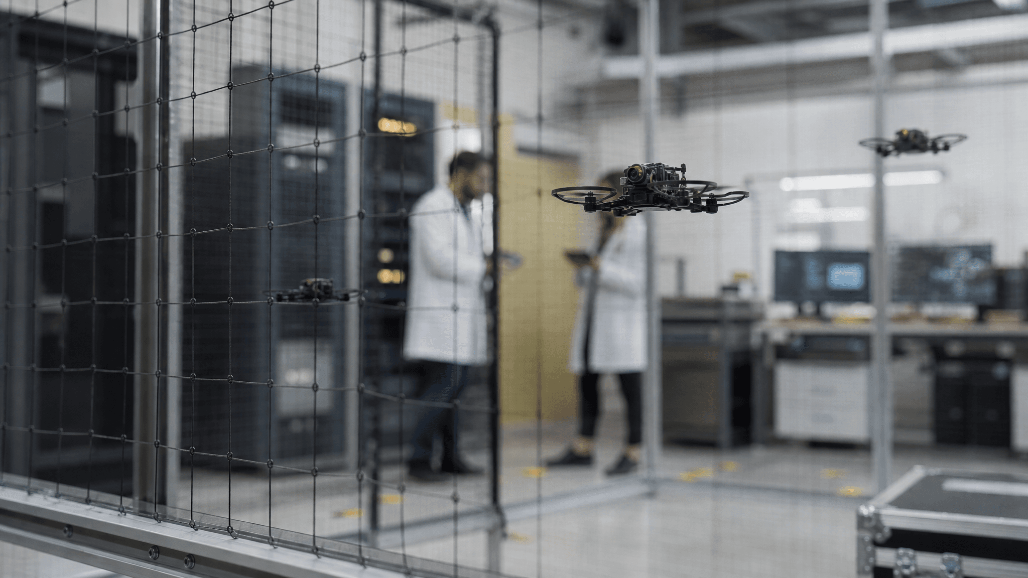 Small drones flying inside a secure robotics laboratory.