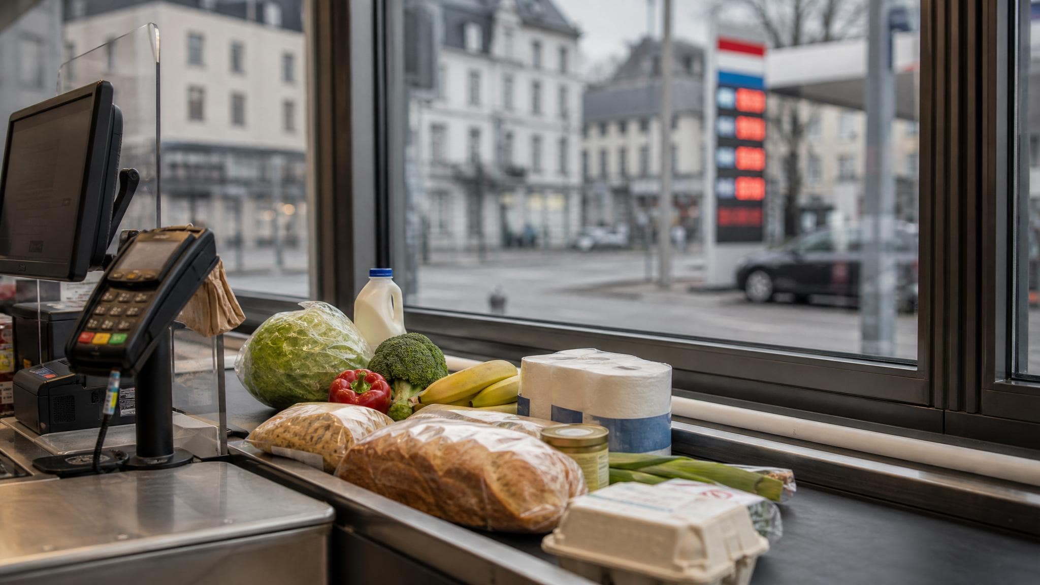 A Luxembourg supermarket checkout with groceries and a blurred fuel price display in the background.