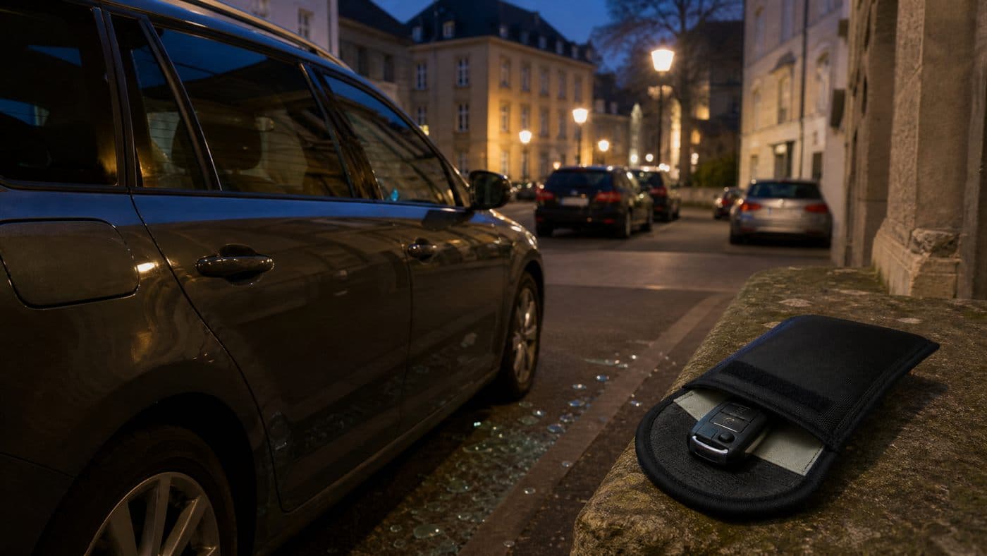 Parked cars on an urban Luxembourg street at evening, photographed as a public-safety image.