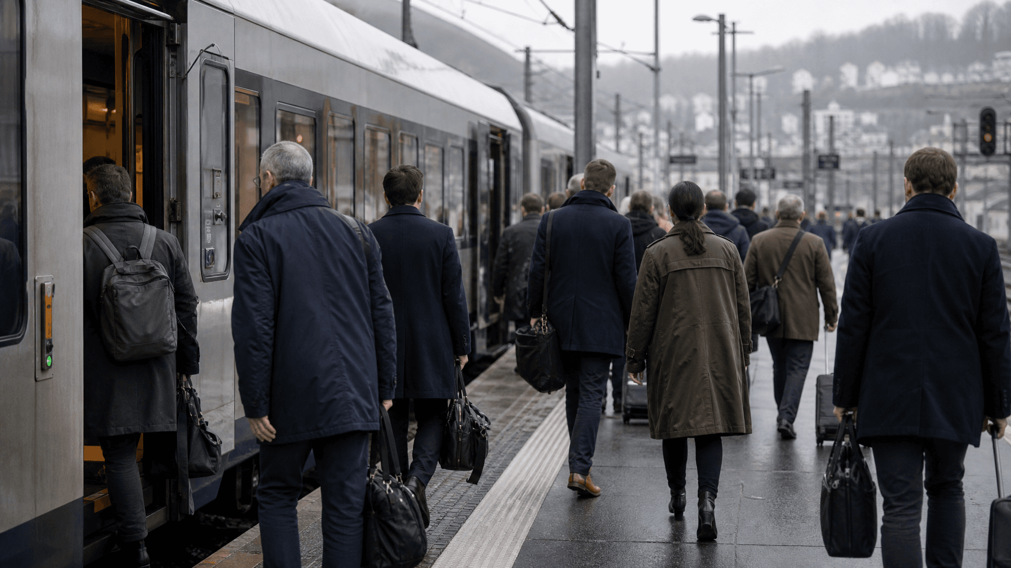 Cross-border commuters wait at a Luxembourg railway platform.