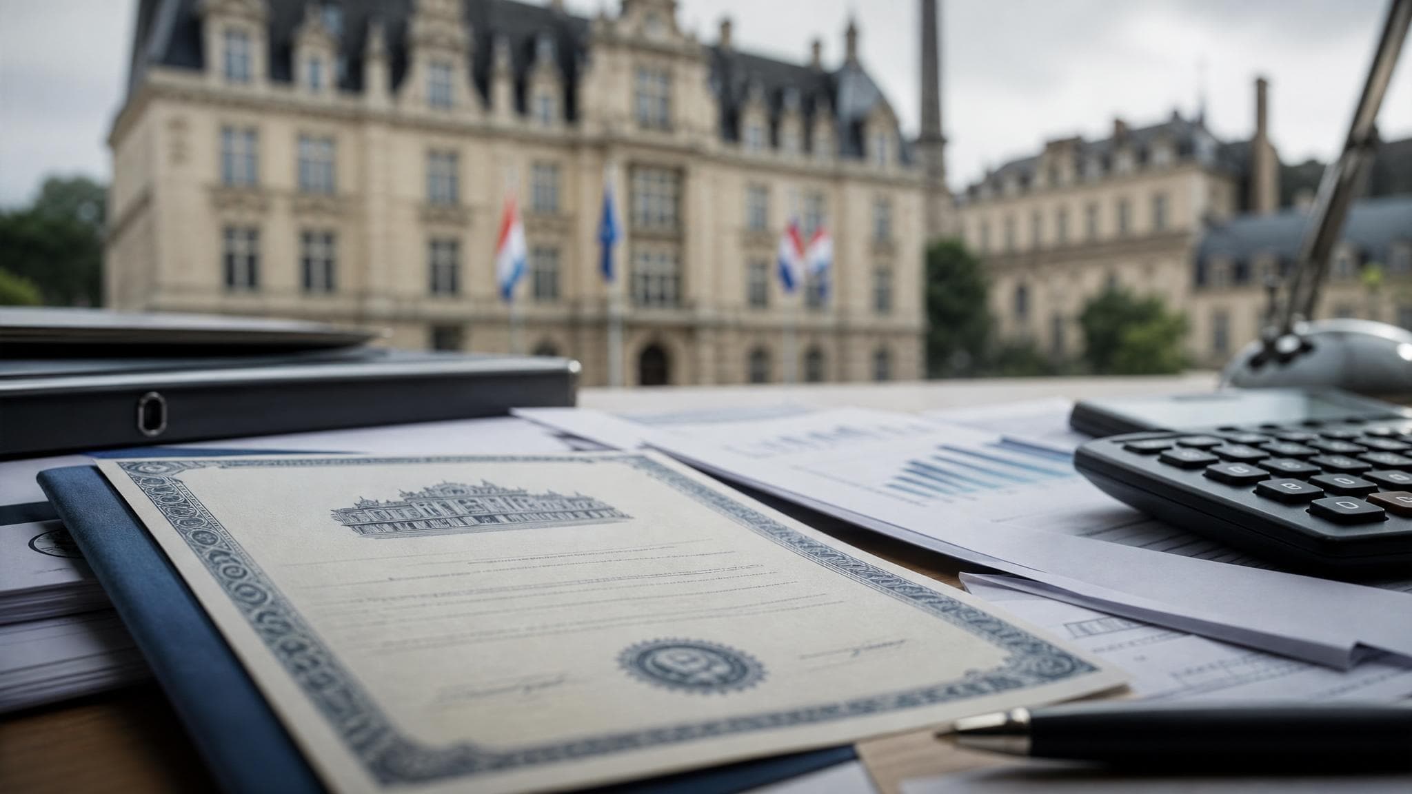 Government bond documents and a calculator in a Luxembourg finance setting.