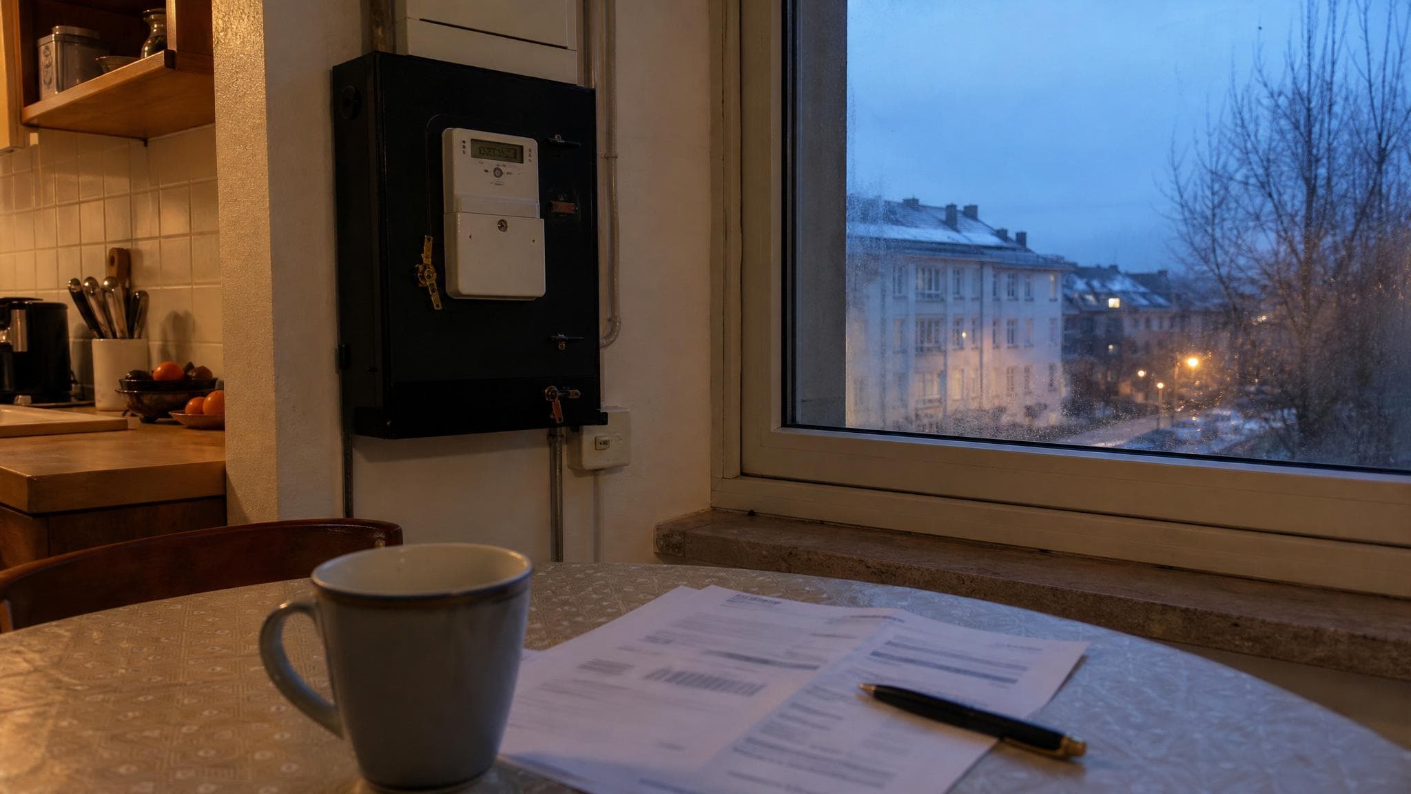 A household electricity bill and meter in warm evening light.