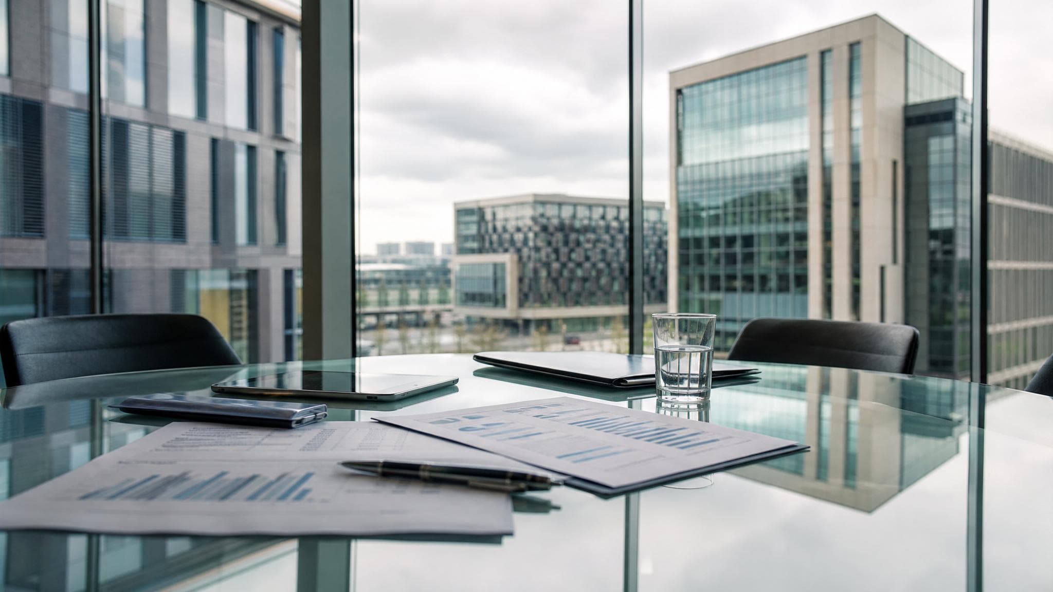 Luxembourg financial district offices and meeting documents, photographed in a restrained business-news style.