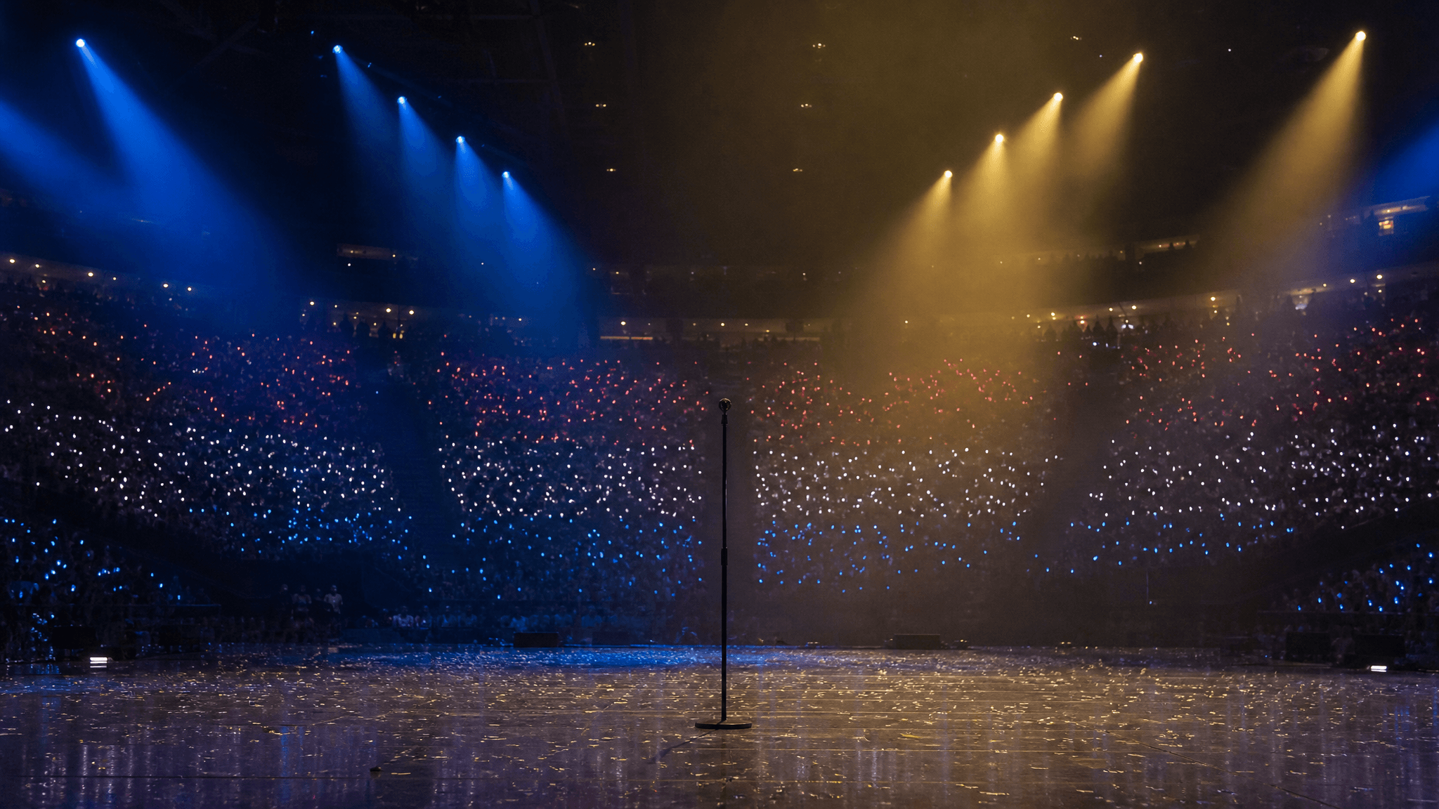 An empty concert microphone on a Eurovision-style stage after a semi-final.