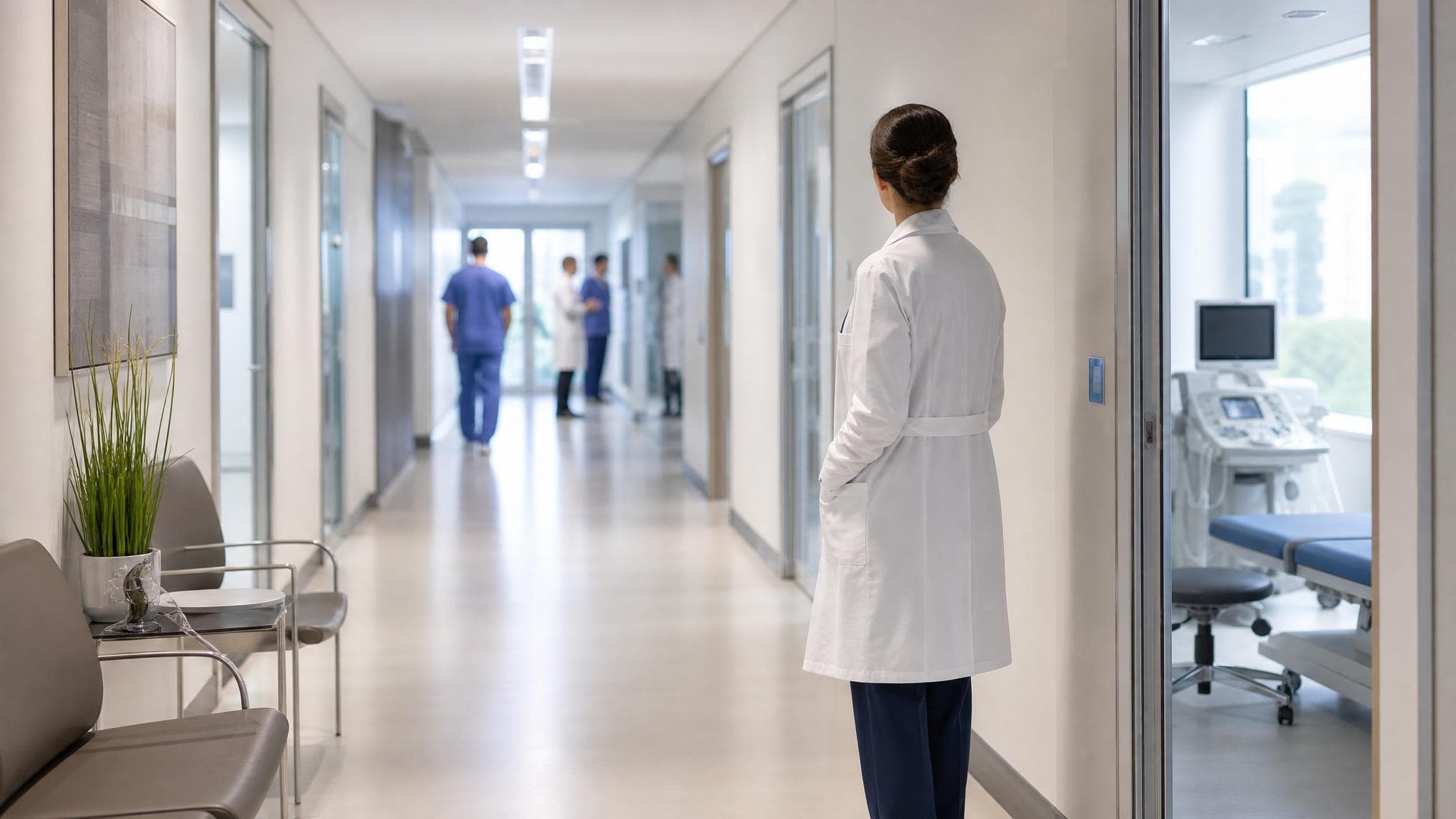 A modern outpatient clinic corridor in Luxembourg.