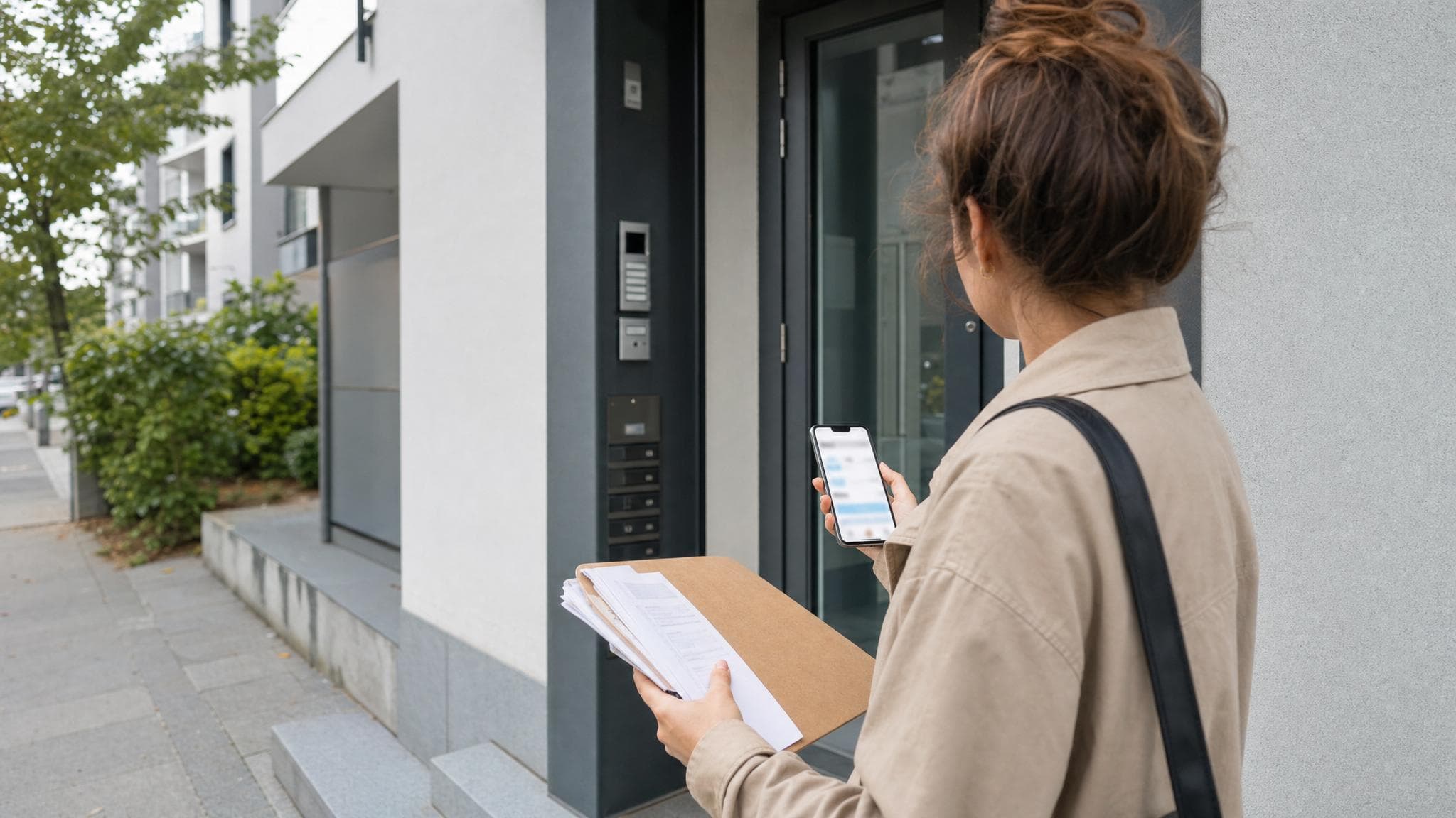 A resident with housing documents outside an apartment building.