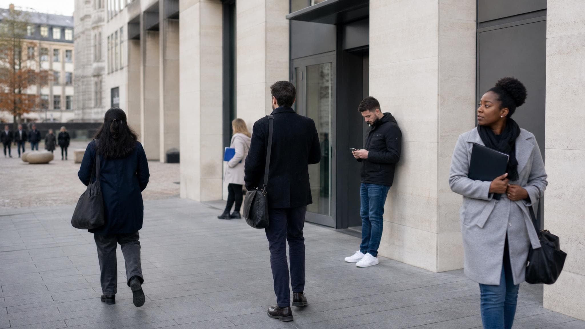 People outside a modern public employment office in Luxembourg, photographed in a neutral documentary style.
