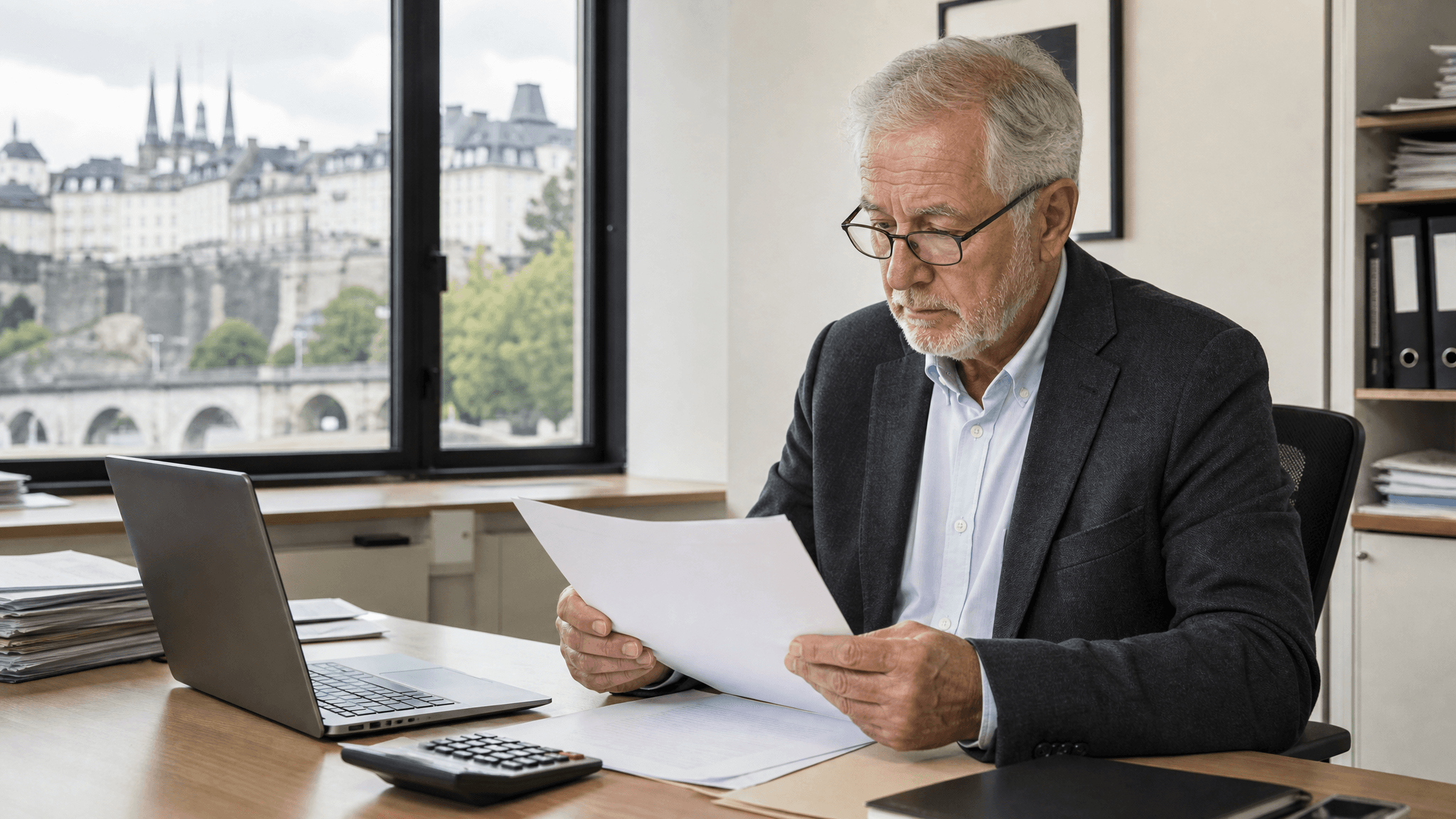 An older professional reviews pension documents beside a laptop and calculator.