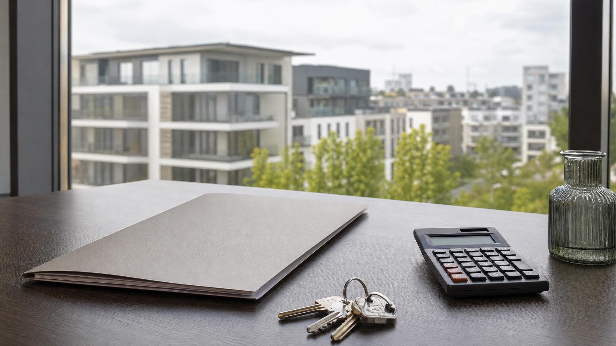 Apartment keys, calculator and real estate documents.