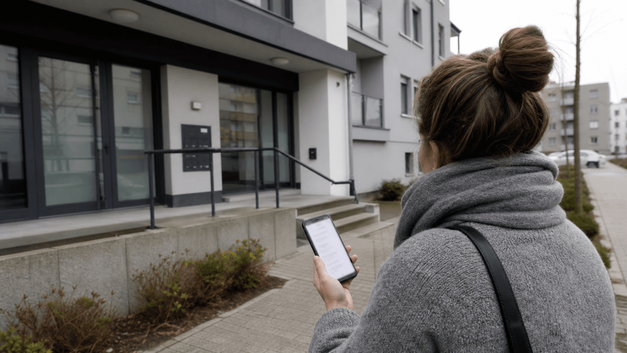 Residents near apartment buildings in Luxembourg while checking a digital housing application.