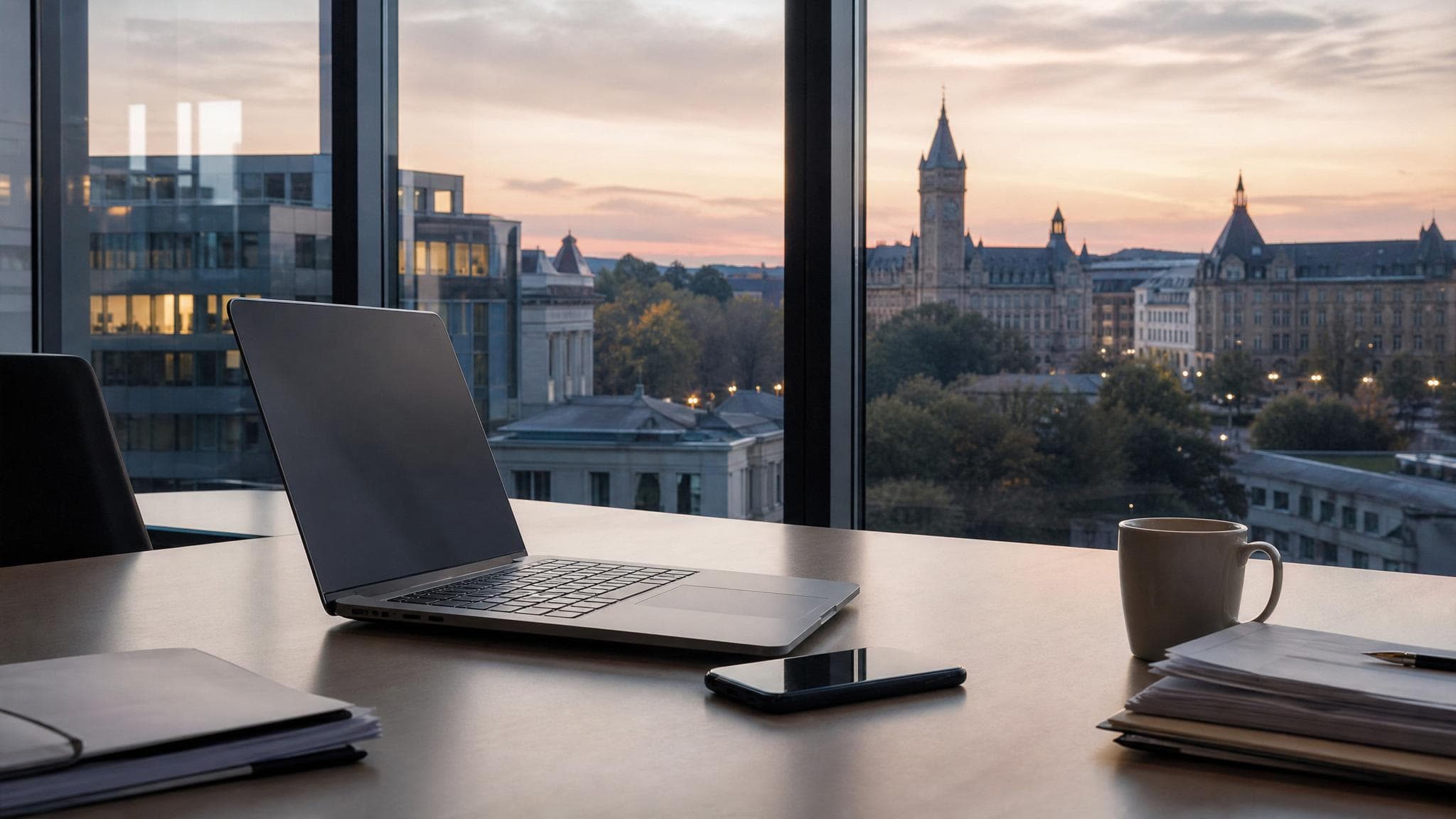 A laptop and phone on an office desk after working hours.