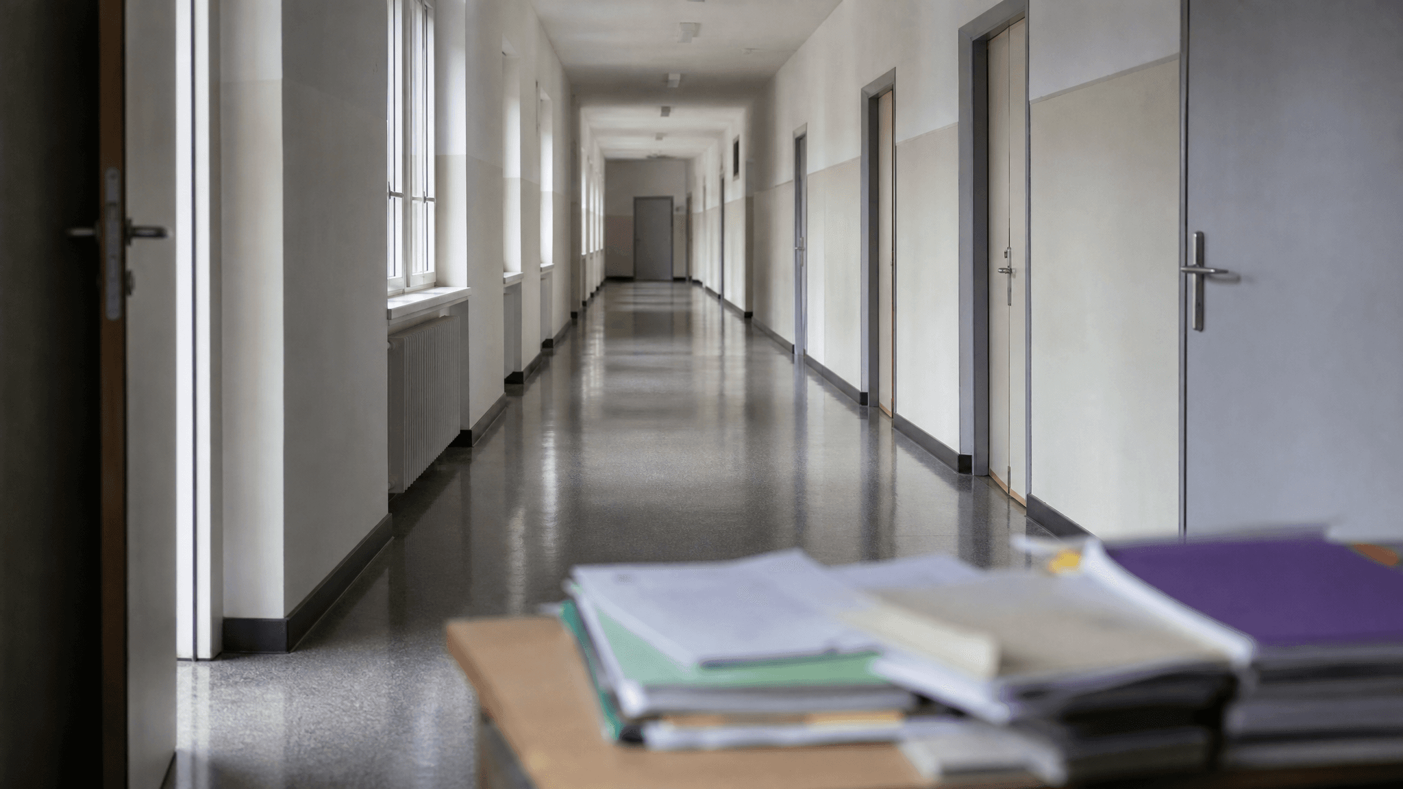 An empty school corridor in Luxembourg, photographed after class.