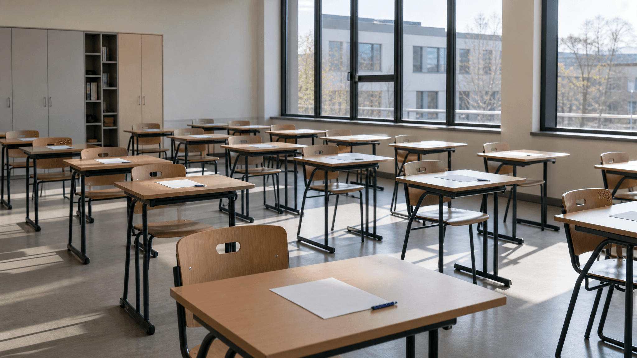 Empty secondary-school exam room in Luxembourg before written final exams.