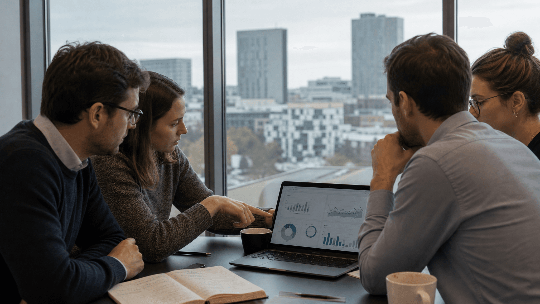 A Luxembourg start-up team reviews financial projections in a small office.