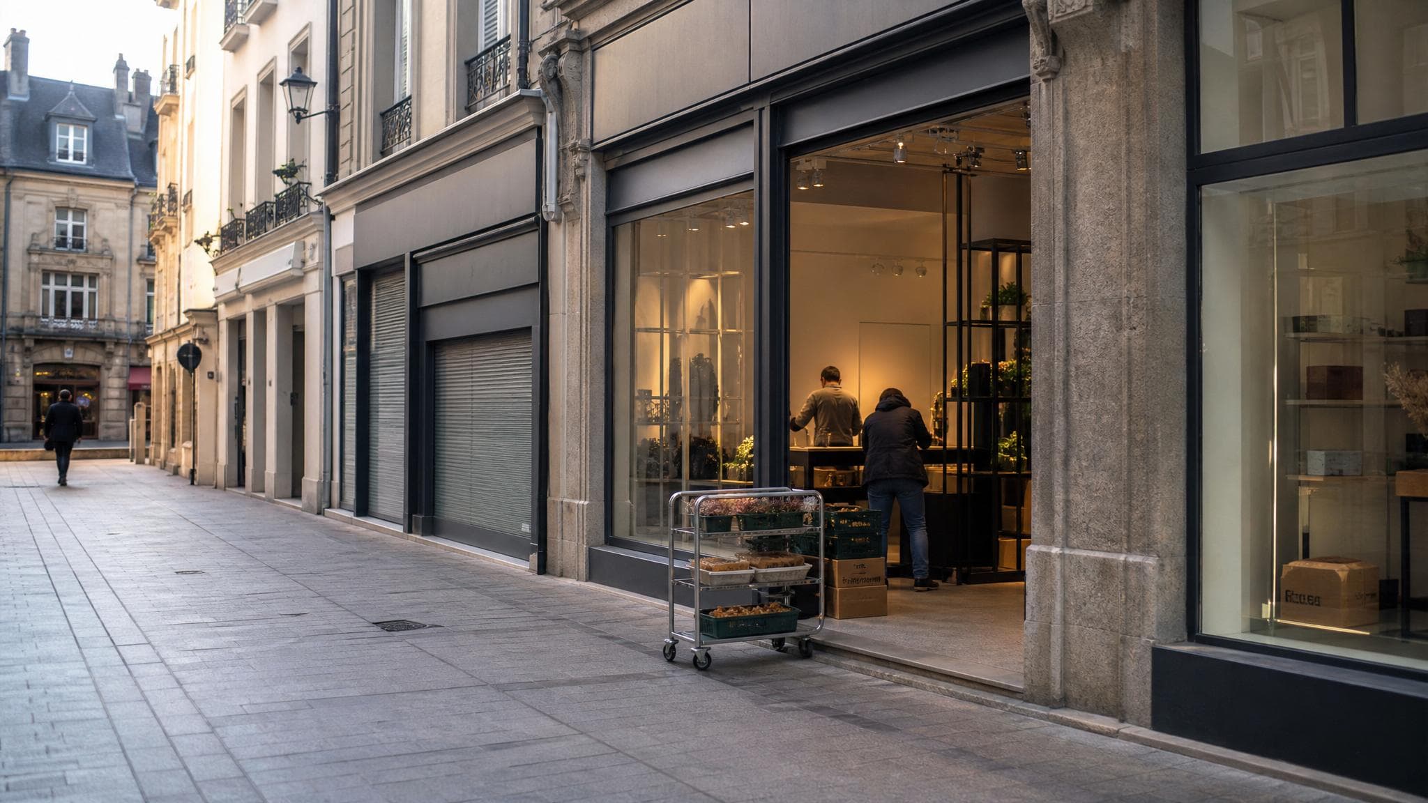 A quiet Luxembourg shopping street as a shop prepares to open.