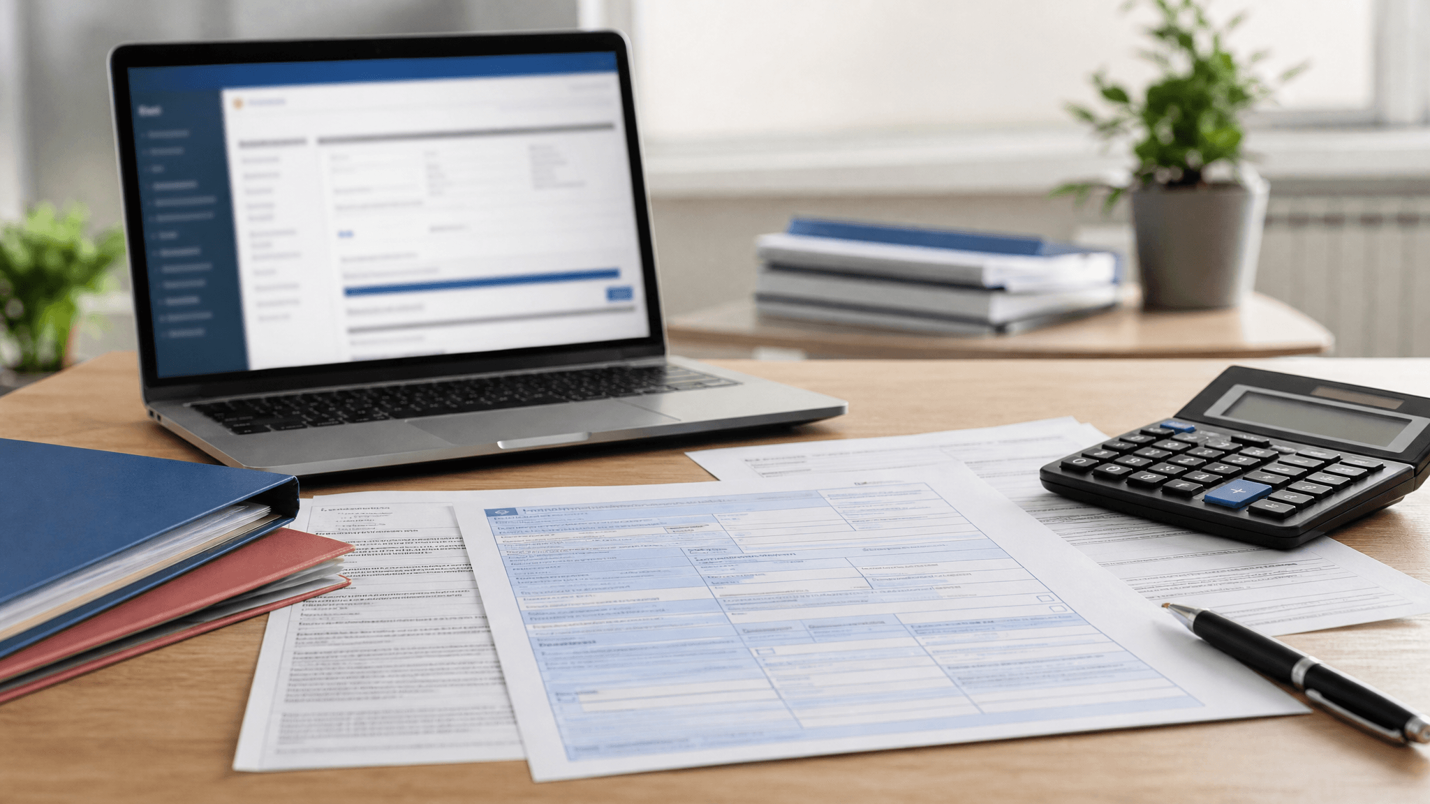 Tax documents, laptop and calculator on a Luxembourg office desk.