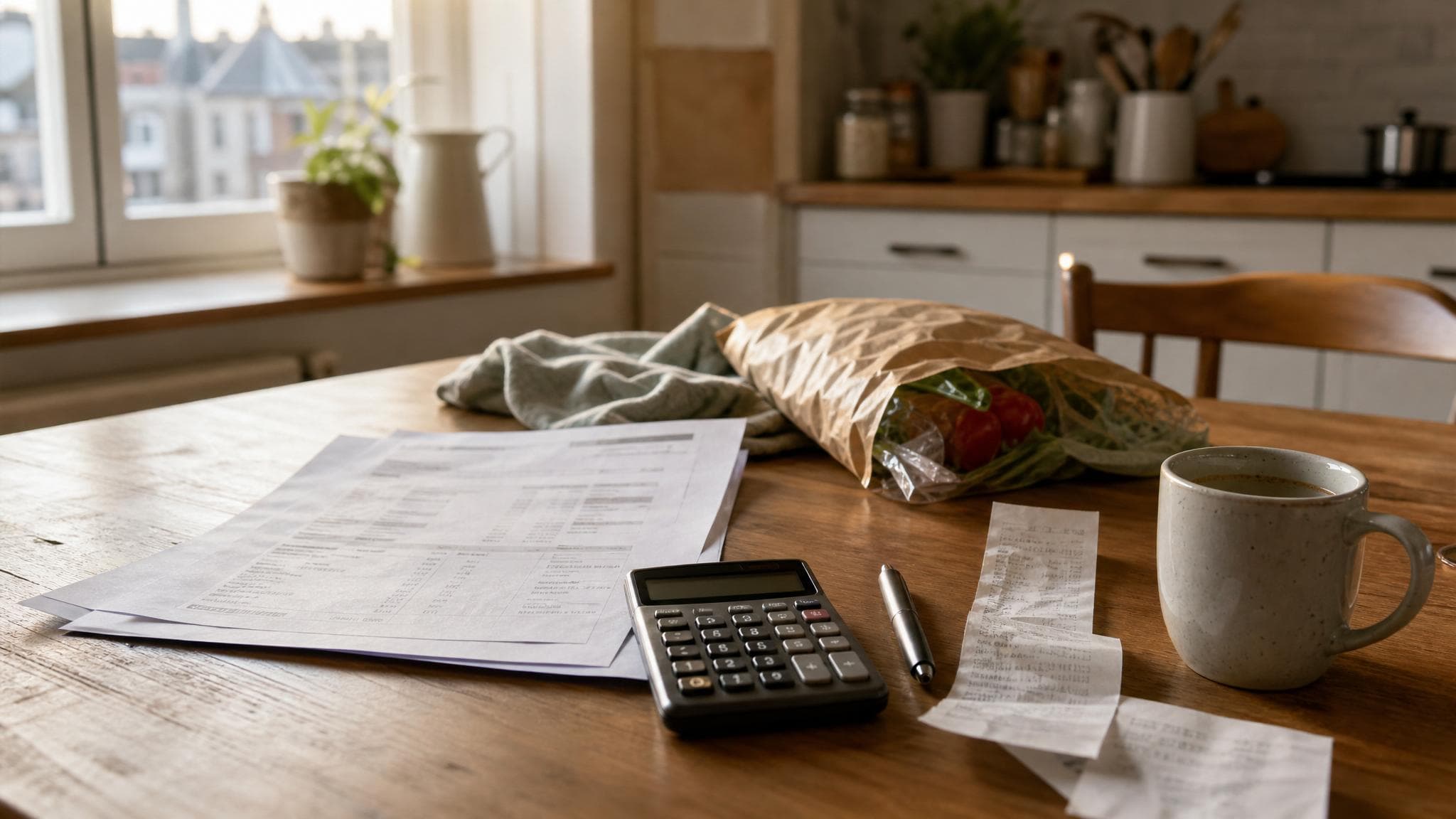 A household budget table with a payslip, calculator and grocery receipt.
