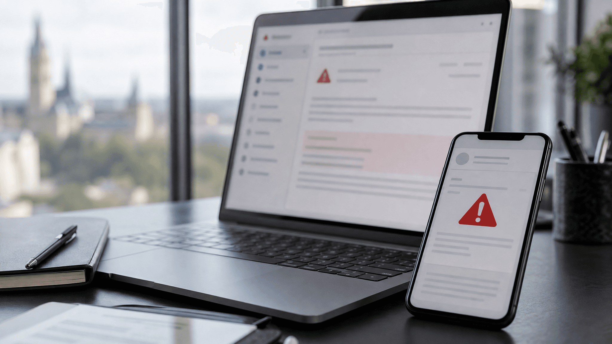 A smartphone and laptop showing a suspicious email warning, representing phishing attempts in Luxembourg.