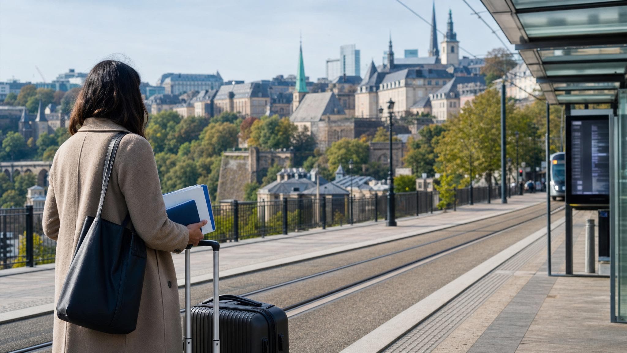 A person with luggage and documents near public transport in Luxembourg City.
