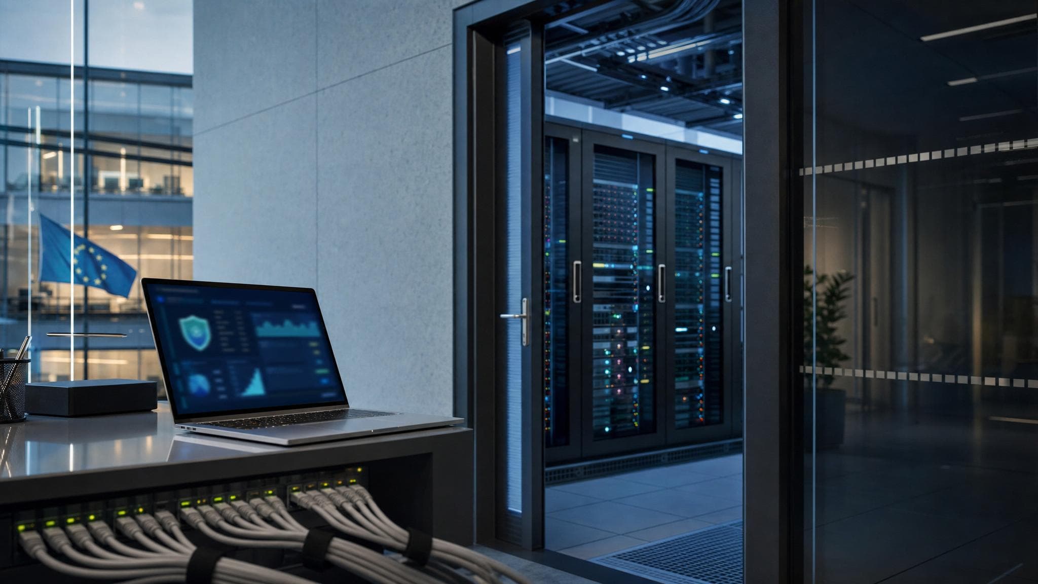 An office server room and laptop with an abstract security dashboard.