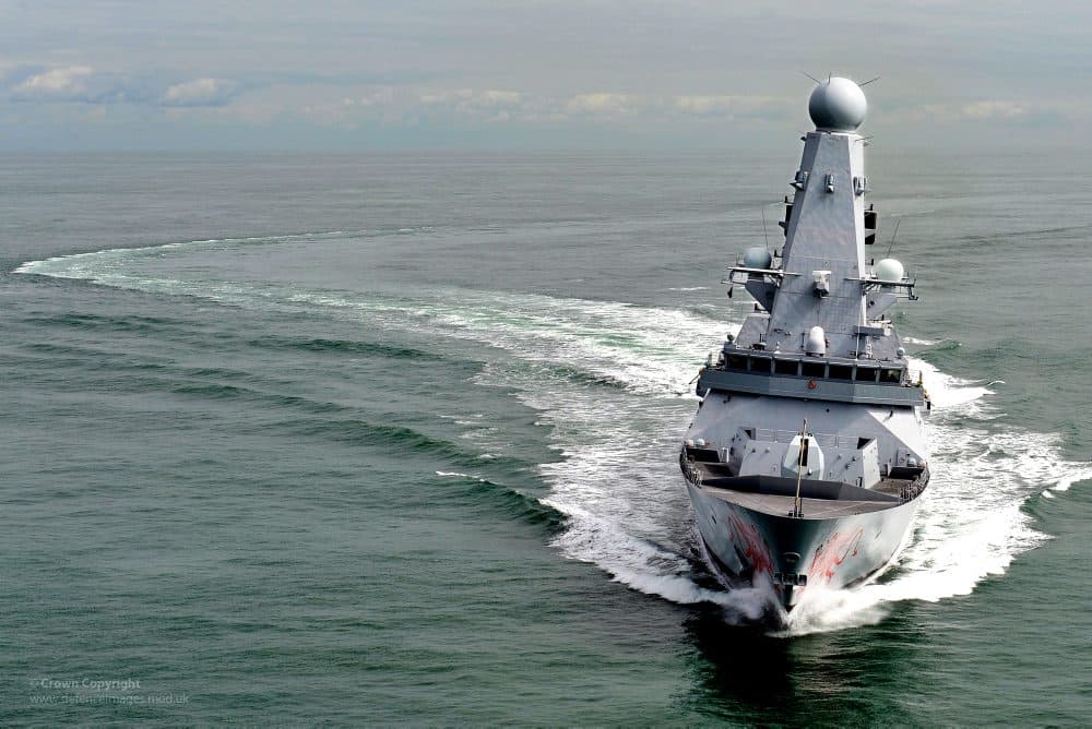 Royal Navy Type 45 destroyer HMS Dragon at sea in the English Channel.